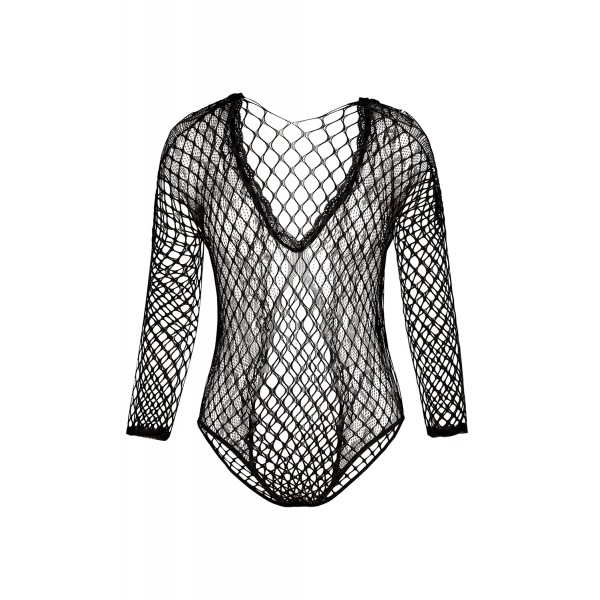 Black High Cut Deep-V Lace & Net Thong Back Teddy