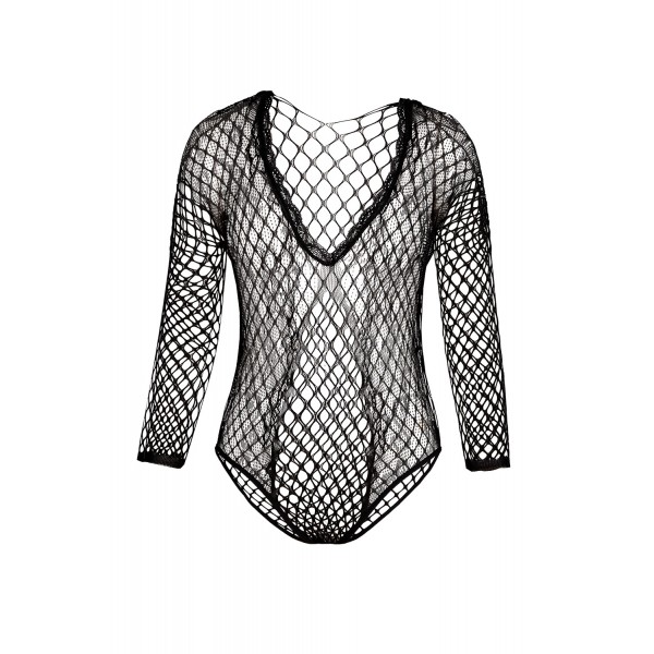 Black High Cut Deep-V Lace & Net Thong Back Teddy