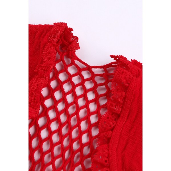 Red High Cut Deep-V Lace & Net Thong Back Teddy