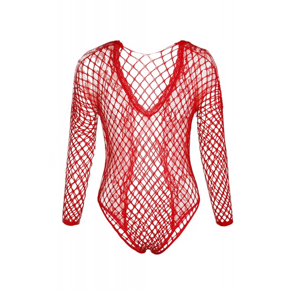 Red High Cut Deep-V Lace & Net Thong Back Teddy