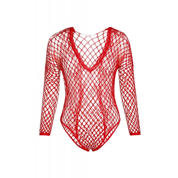 Red High Cut Deep-V Lace & Net Thong Back Teddy