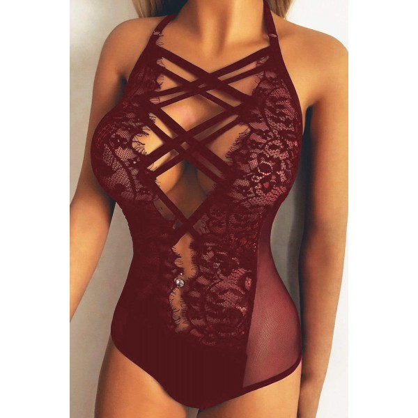 Wine Red Strappy Lace Goth Teddy