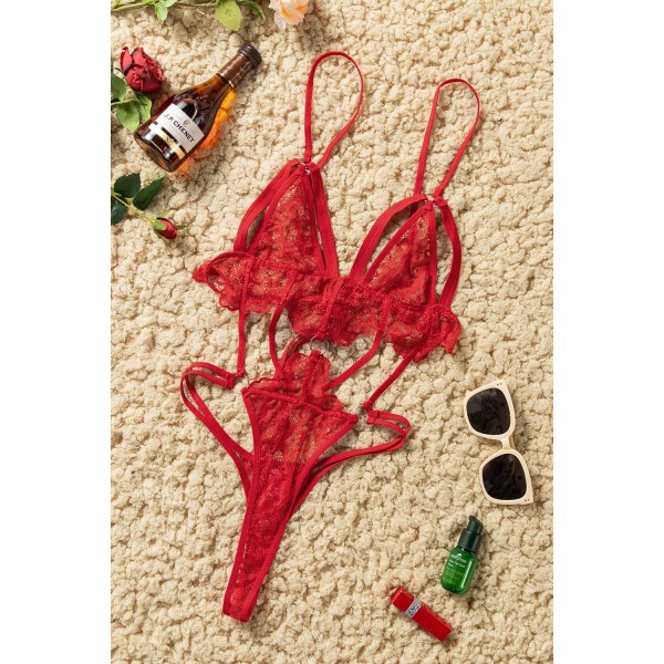 Red Halter Neck Backless Lace-Up Circle Rings Lace Teddy