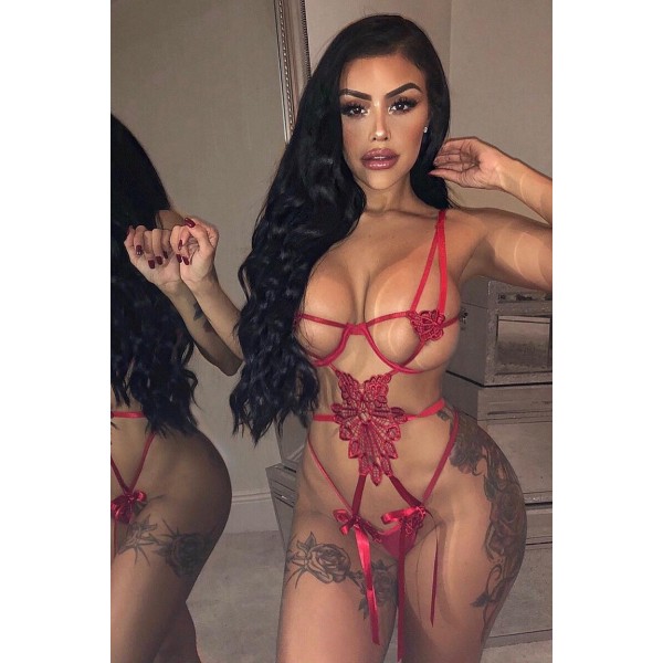 Red Sexy Strappy Hollow-out Bold Crochet Teddy