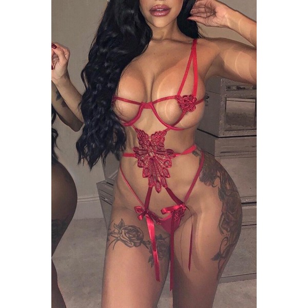 Red Sexy Strappy Hollow-out Bold Crochet Teddy