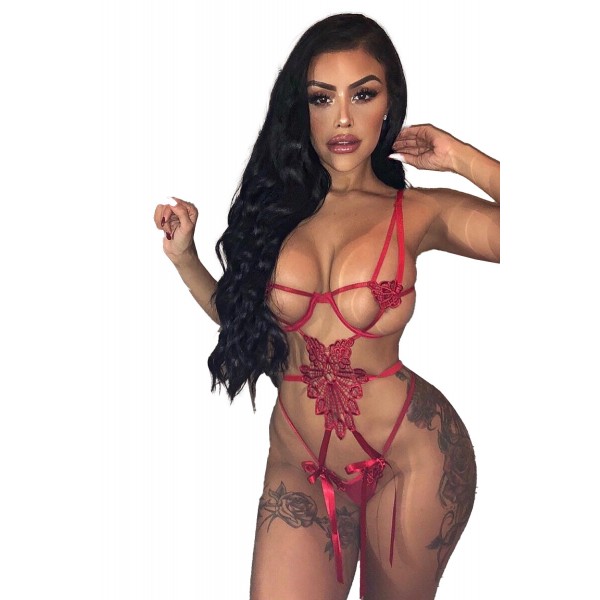 Red Sexy Strappy Hollow-out Bold Crochet Teddy