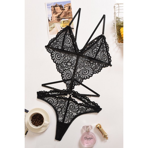 Black Strappy Hollow-out Backless Lace Teddy