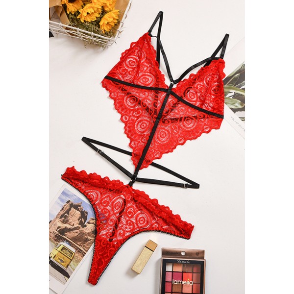 Red Strappy Hollow-out Backless Lace Teddy