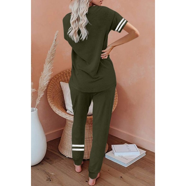 Army Green Striped Accent Short Sleeve and Joggers Set
