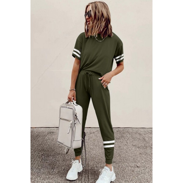 Army Green Striped Accent Short Sleeve and Joggers Set