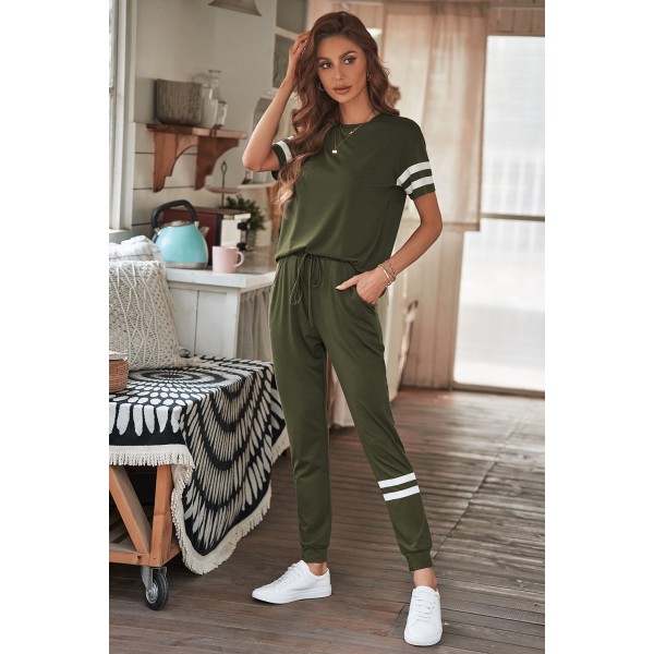 Army Green Striped Accent Short Sleeve and Joggers Set