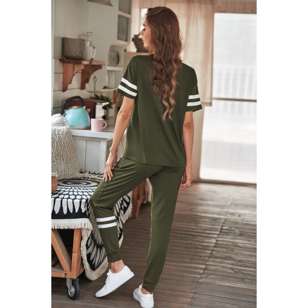 Army Green Striped Accent Short Sleeve and Joggers Set
