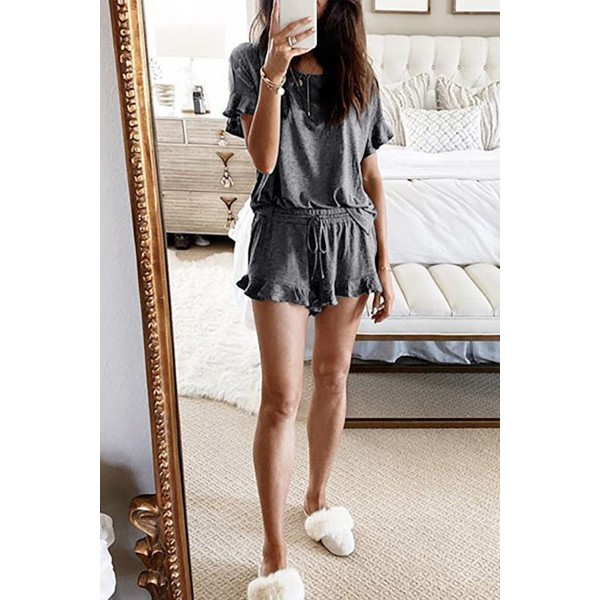 Dark Gray Short Sleeve Drawstring Ruffle Trim Lounge Set