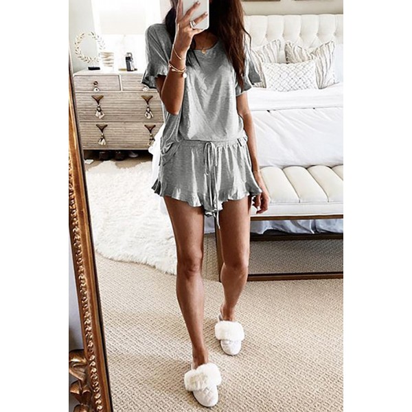 Gray Short Sleeve Drawstring Ruffle Trim Lounge Set