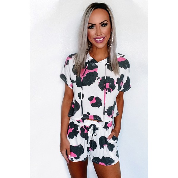 White Leopard Cropped Short Sleeve Hoodie and Drawstring Shorts Lounge Set