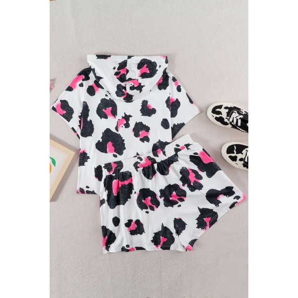 White Leopard Cropped Short Sleeve Hoodie and Drawstring Shorts Lounge Set