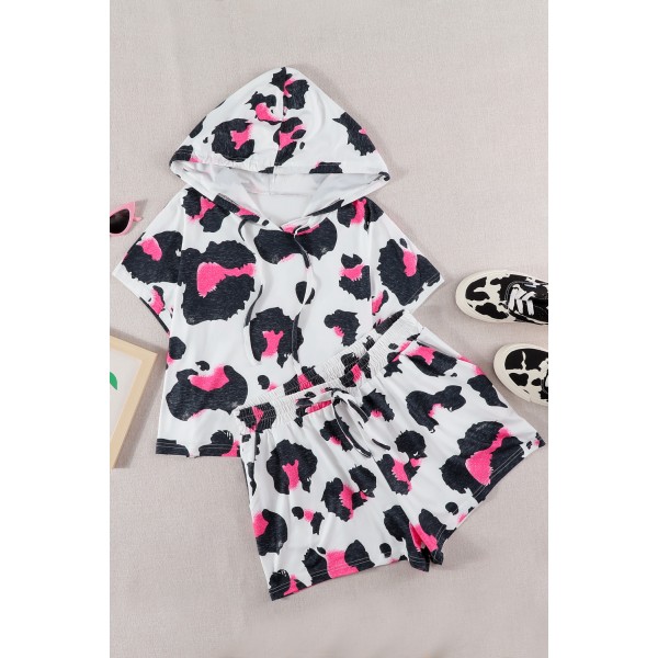 White Leopard Cropped Short Sleeve Hoodie and Drawstring Shorts Lounge Set