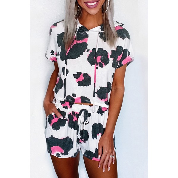 White Leopard Cropped Short Sleeve Hoodie and Drawstring Shorts Lounge Set