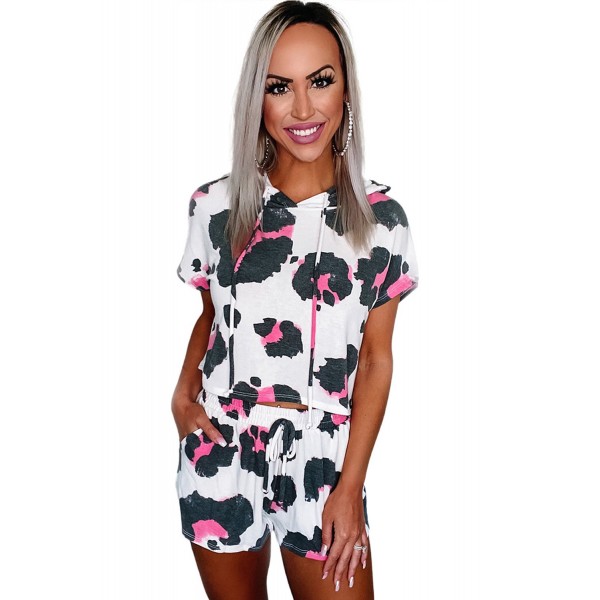 White Leopard Cropped Short Sleeve Hoodie and Drawstring Shorts Lounge Set
