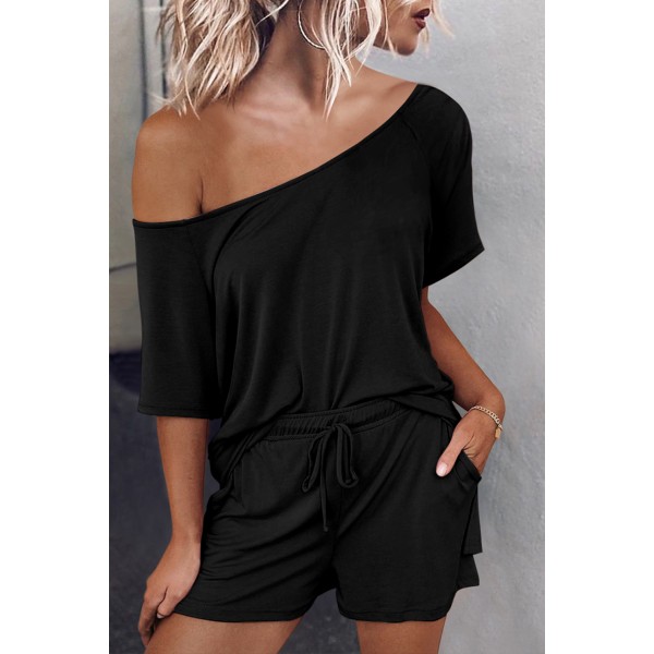 Black Raglan Top and Shorts Knit Lounge Set