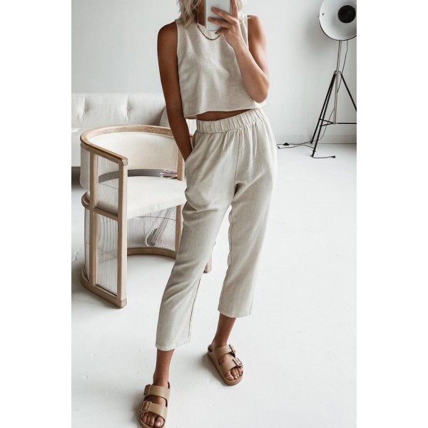 Beige Crop Tank and Pants Lounge Set