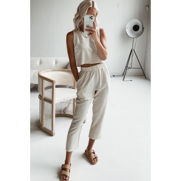 Beige Crop Tank and Pants Lounge Set