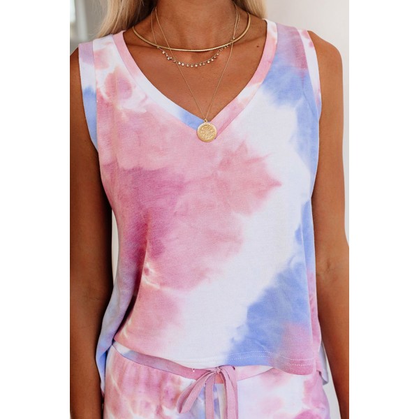 Tie-dye V Neck Knit Tank and Shorts Lounge Set
