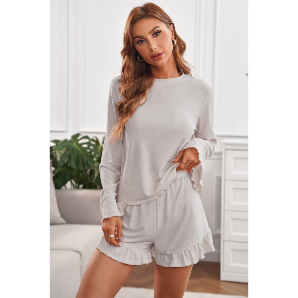 Apricot Bell Sleeve Top and Ruffle Shorts Lounge Suit