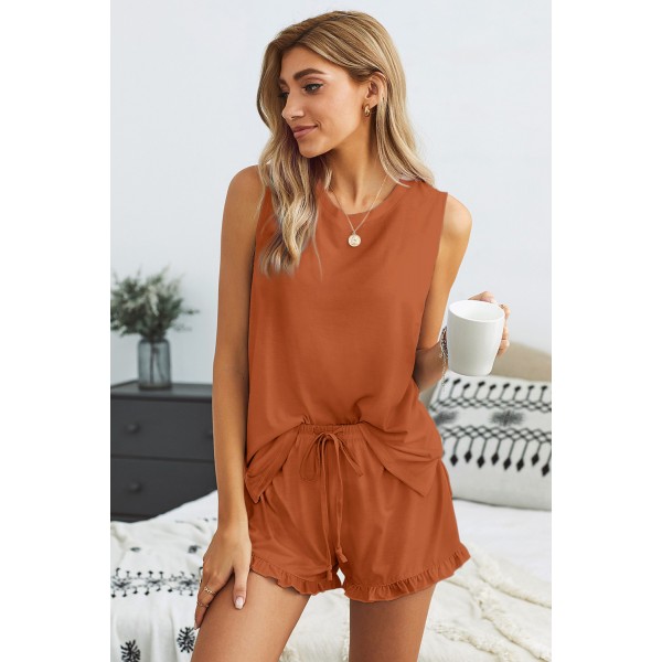 Orange Crew Neck Tank and Drawstring Ruffled Shorts Lounge Set