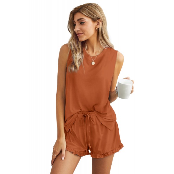 Orange Crew Neck Tank and Drawstring Ruffled Shorts Lounge Set