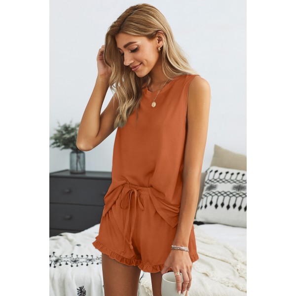 Orange Crew Neck Tank and Drawstring Ruffled Shorts Lounge Set