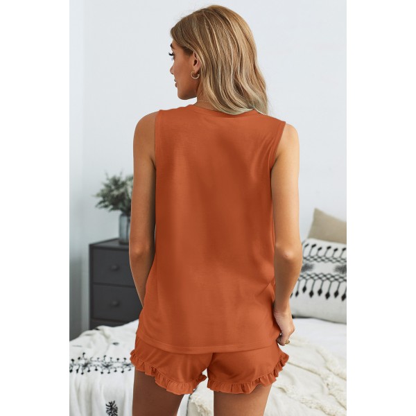 Orange Crew Neck Tank and Drawstring Ruffled Shorts Lounge Set
