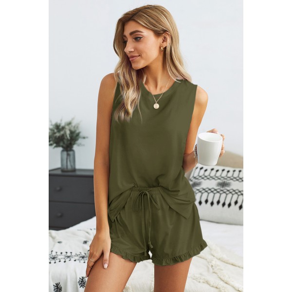 Green Crew Neck Tank and Drawstring Ruffled Shorts Lounge Set