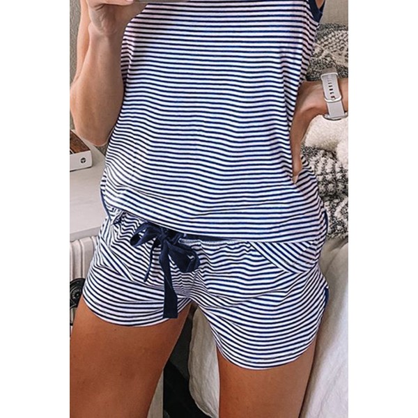 Striped Print Tank and Drawstring Shorts Lounge Set