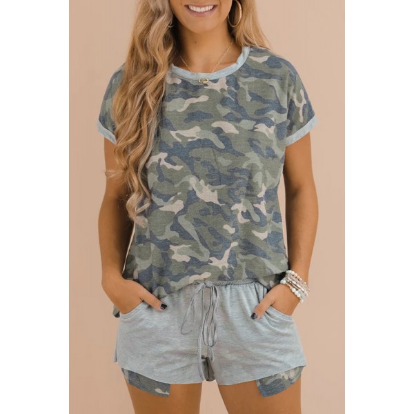 Green Camo Print Tee and Shorts Lounge Set
