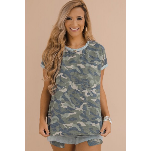 Green Camo Print Tee and Shorts Lounge Set