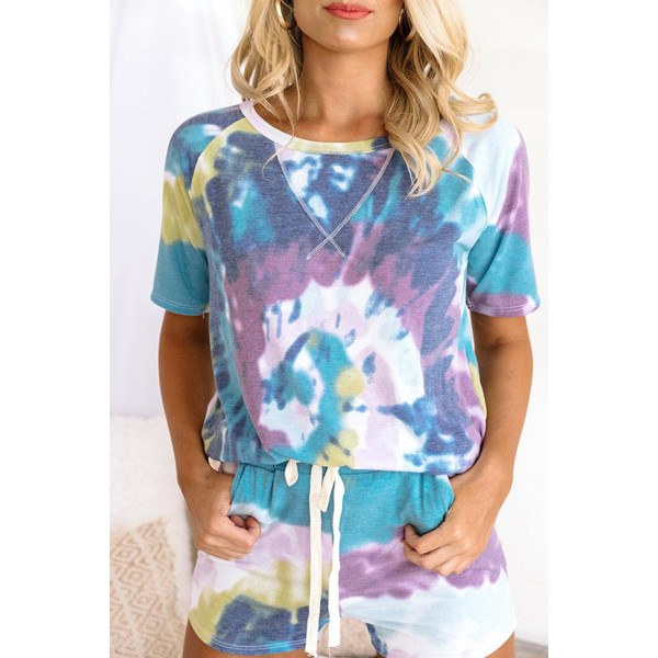 Blue Tie-dye Print Tee and Drawstring Shorts Lounge Set