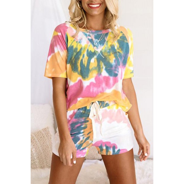 Yellow Tie-dye Print Tee and Drawstring Shorts Lounge Set
