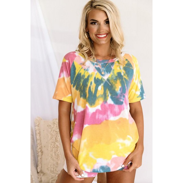 Yellow Tie-dye Print Tee and Drawstring Shorts Lounge Set