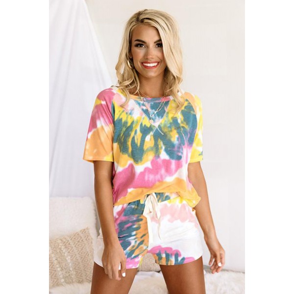 Yellow Tie-dye Print Tee and Drawstring Shorts Lounge Set