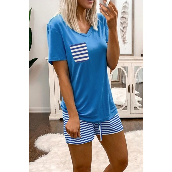 Sky Blue V-Neck Short Sleeve Top and Stripe Shorts Loungewear Set