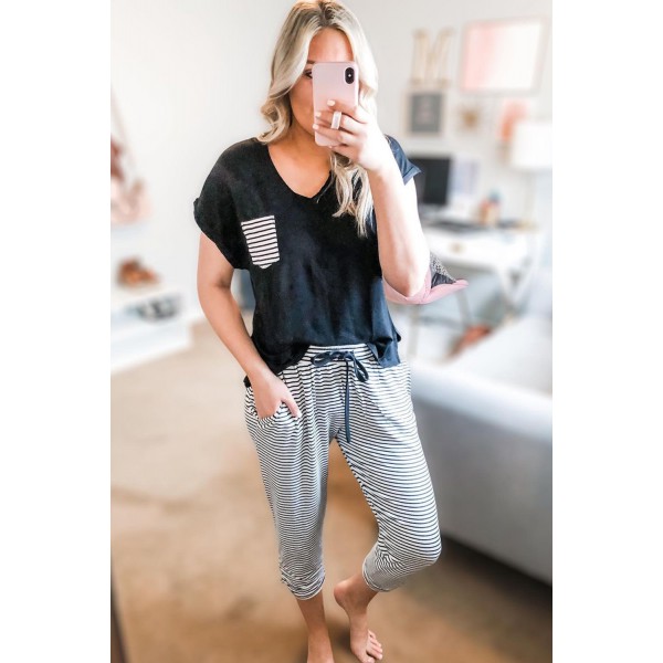 Striped Pocket Tee and Pants Lounge Set