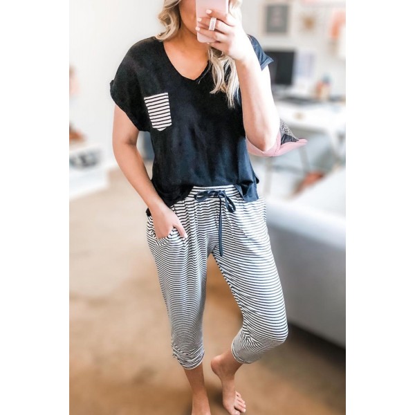 Striped Pocket Tee and Pants Lounge Set