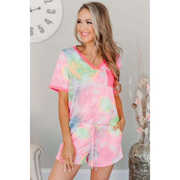Pink Tie Dye T Shirt and Drawstring Shorts Lounge Set