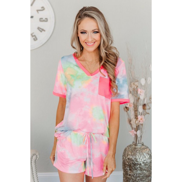 Pink Tie Dye T Shirt and Drawstring Shorts Lounge Set