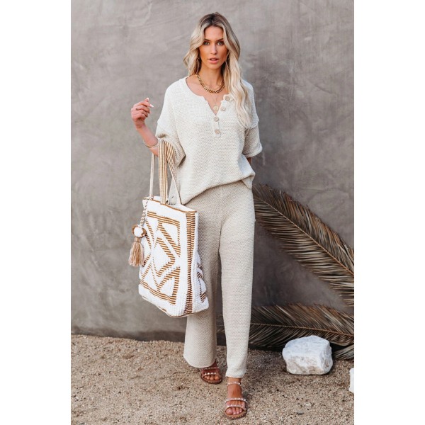 Beige Cotton Blend Relaxed Top and High Rise Pants Lounge Set