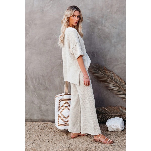 Beige Cotton Blend Relaxed Top and High Rise Pants Lounge Set