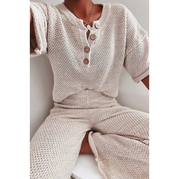 Beige Cotton Blend Relaxed Top and High Rise Pants Lounge Set