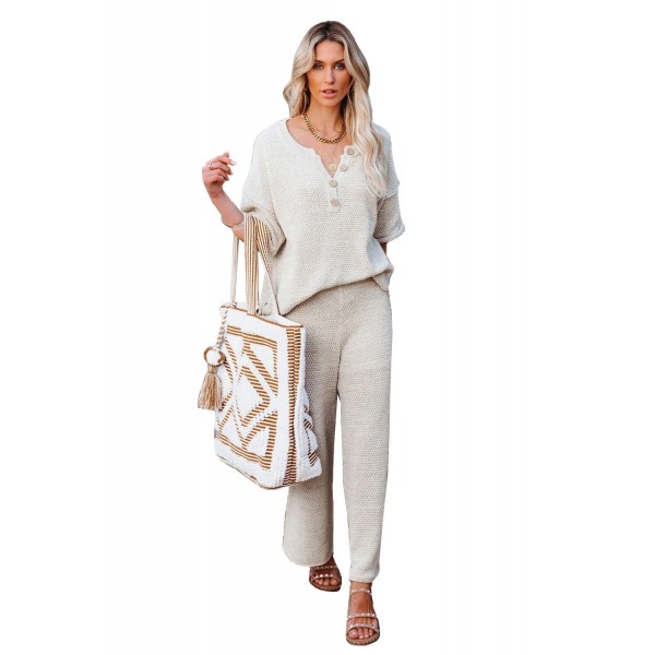 Beige Cotton Blend Relaxed Top and High Rise Pants Lounge Set