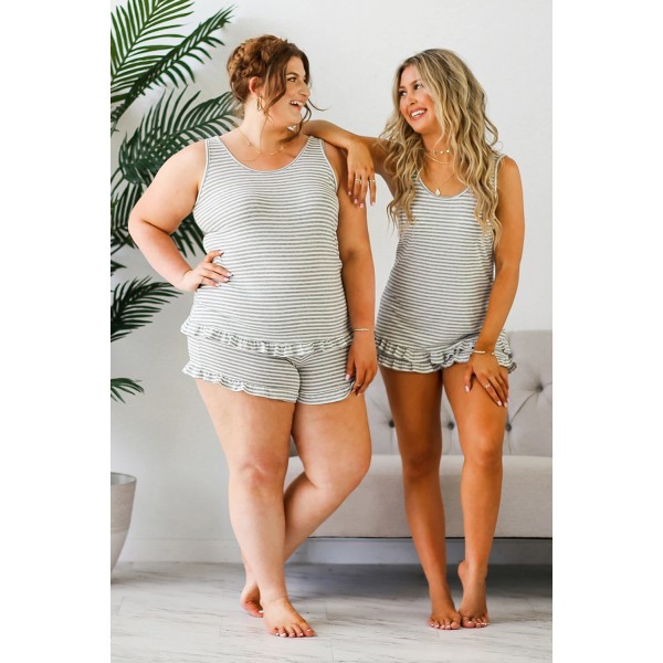 Gray Striped Ruffled Tank and Shorts Lounge Set